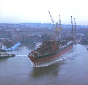 Uitzicht op Nicola, de eerste SD14, tijdens de lancering op de Southwick scheepswerf, Sunderland, 29 december 1967